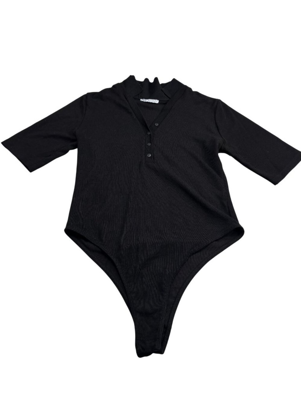 Black Zara Ribbed Bodysuit With Button Front & Half Sleeves Size L